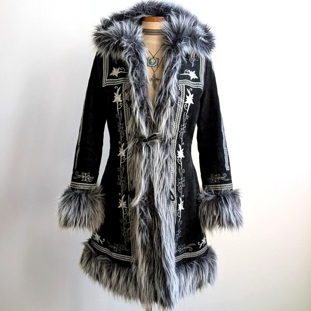 Vintage Black Suede Coat Penny Lane Groovy Faux Fur Jacket Afghan Trench Medium - Picture 3 of 13